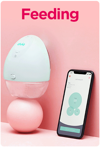 Egg-shaped smart baby feeding device paired with smartphone app.